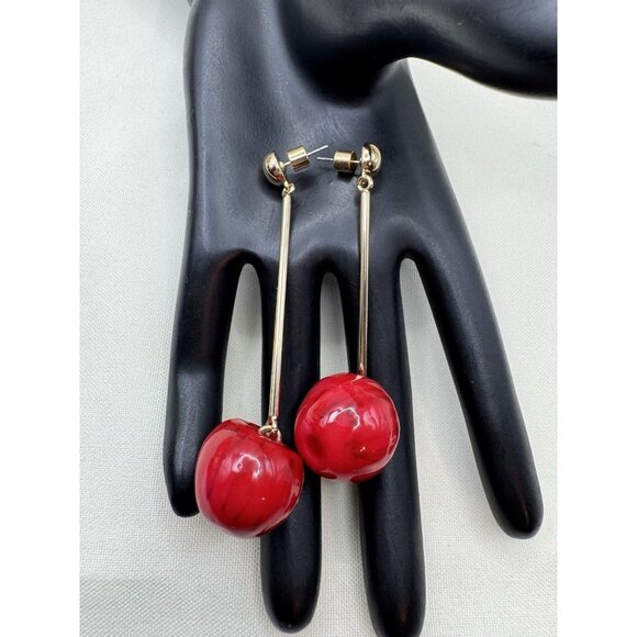 ZARA Red Cherry Dangle Earrings Playful Fruit Design Fashion Jewelry - Picture 5 of 6